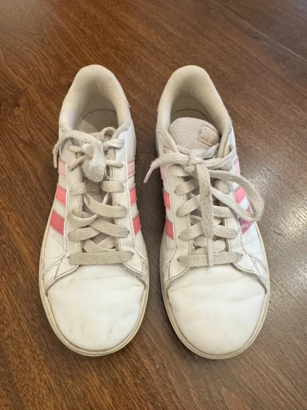 Adidas Girls Size 2 Grand Court Base White Pink Ombre Stripes Sneakers